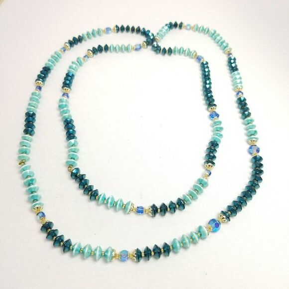 Vintage Long Two Tone Blue Beaded Necklace, Layered, 60s 70s, Estate - Picture 1 of 5